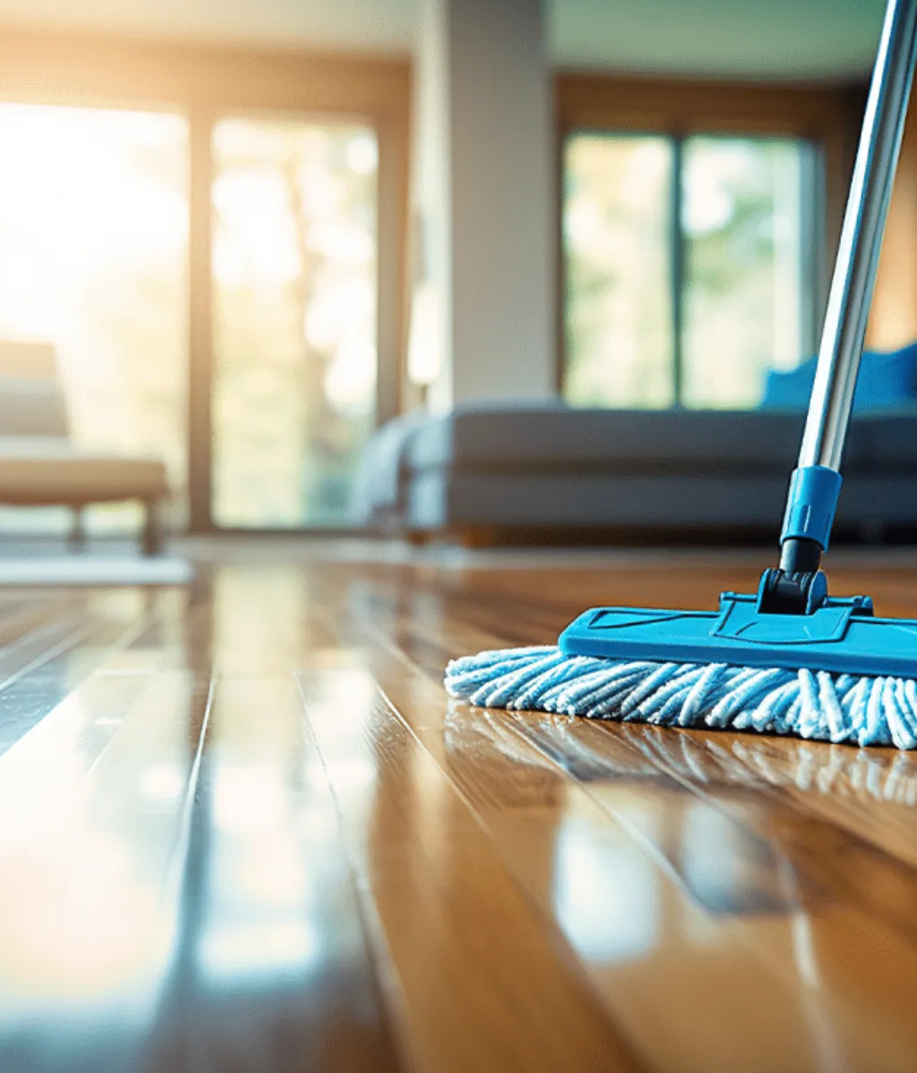 A recently cleaned floor with mop in a home.