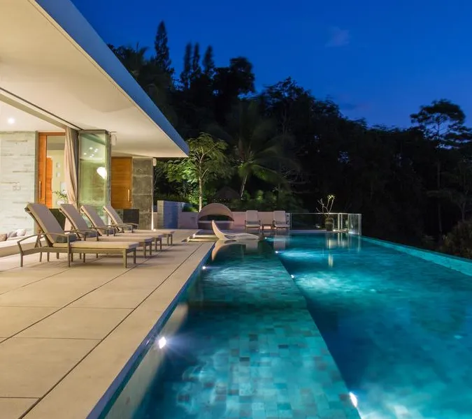 The pool area of a luxury vacation home on AirBnB in Kelowna.